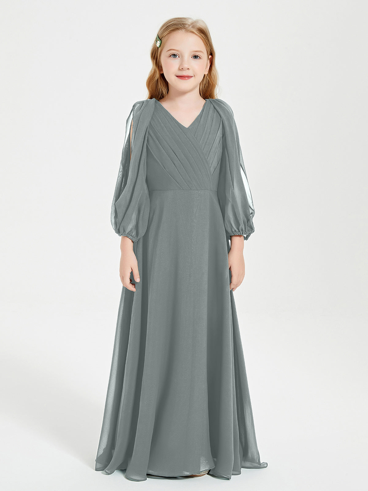 Modest Long Sleeved Junior Bridesmaid Gowns Steel Grey